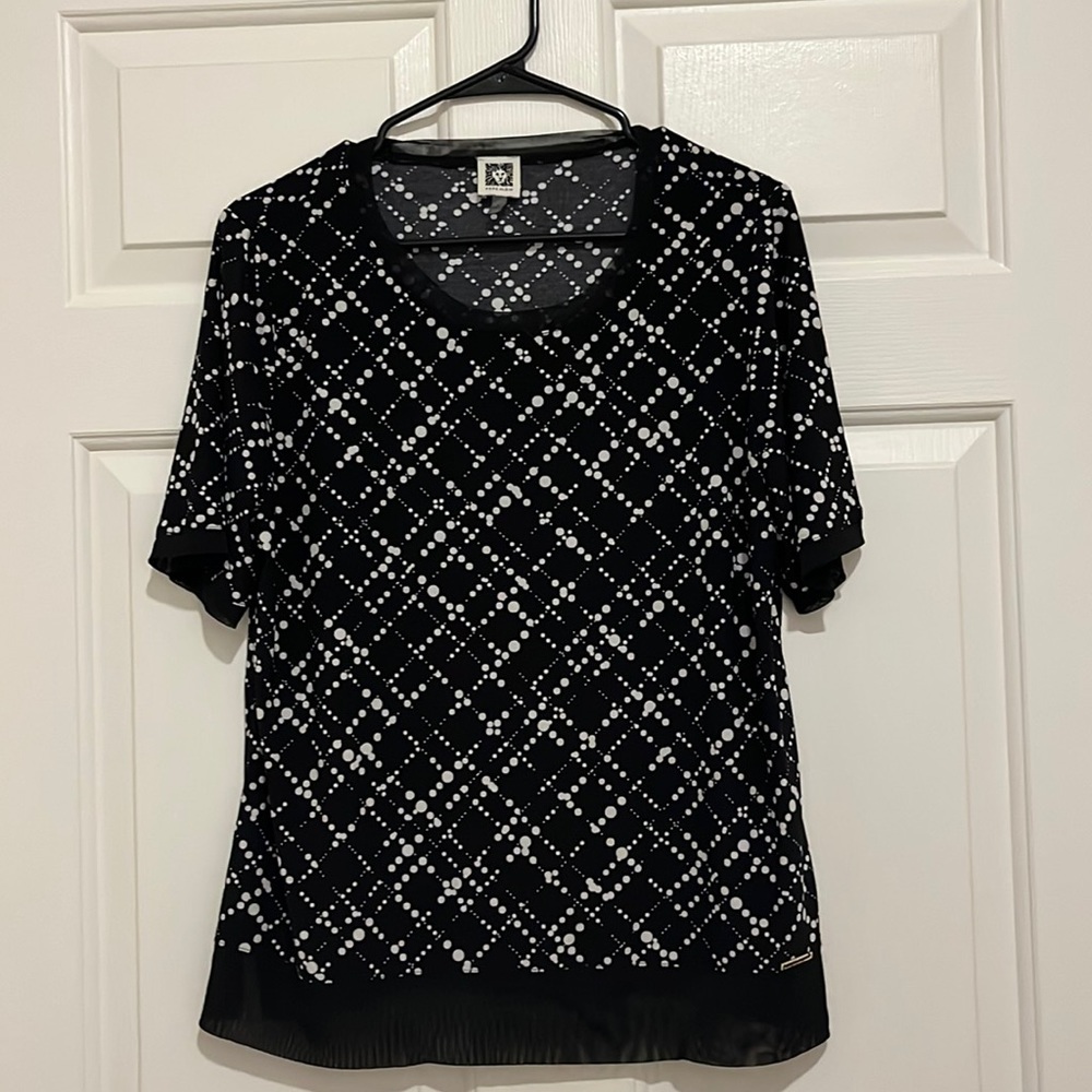 Anne Klein, black short sleeve blouse with white polkadot, detail, size large